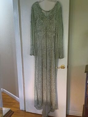 LARA Mint Green Sequin Embellished V-Neck Gown